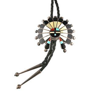 Vintage Silver Zuni Navajo Sunface Lapidary Inlay Bolo Tie Signed "TPB" Leather